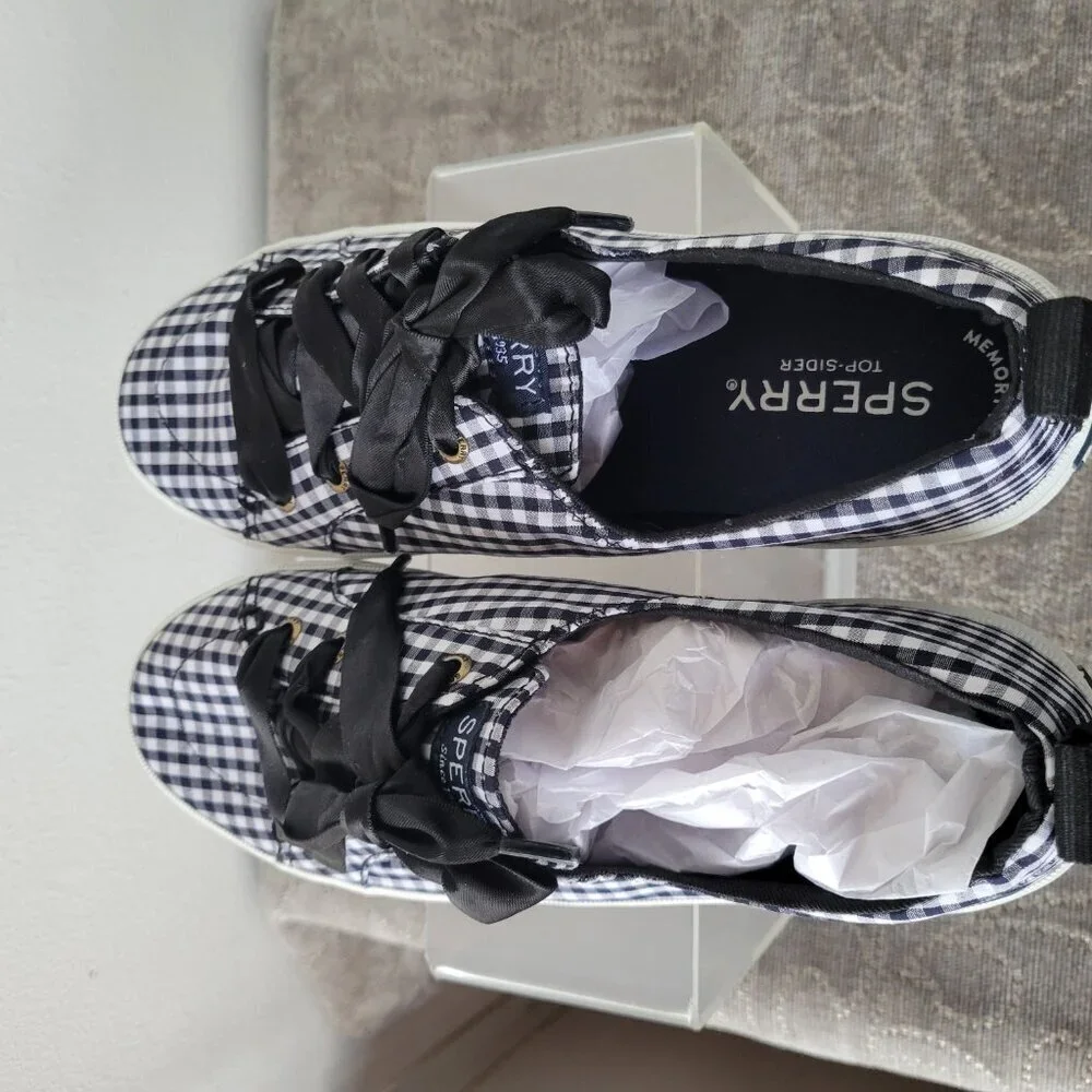 NWT - Sperry Top Sider Tennis Shoes Black/White Gingham Satin Laces (Size: 6.5)